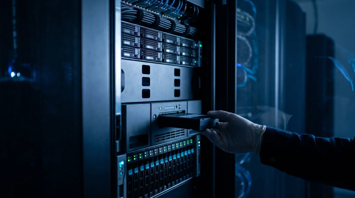 Hand fügt Backup-Cartridge in Server-Rack im Data-Center ein – professionelle Backup-Strategie für KMU