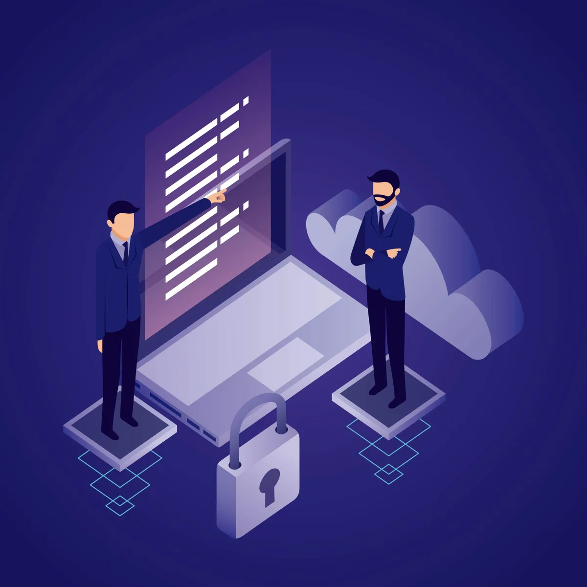 Isometrische Illustration zum BSI-Grundschutz-Kompendium – IT-Sicherheits-Standards für Unternehmen