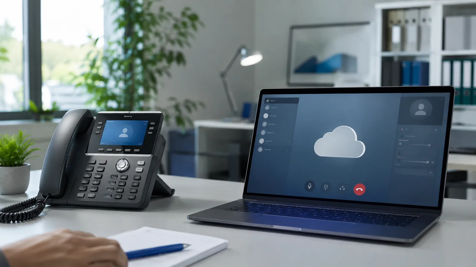 KI-generiertes Symbolbild: modernes IP-Tischtelefon und Laptop mit Cloud-Telefonie-Oberfläche im Büro nach der ISDN-Abschaltung, Region Hildesheim