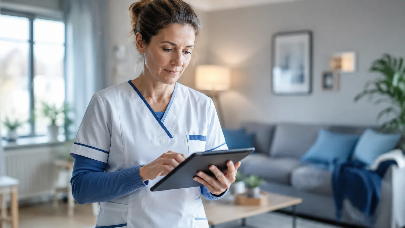 KI-generiertes Symbolbild: Pflegekraft dokumentiert Patientendaten datenschutzkonform auf einem Tablet in der ambulanten Pflege, Region Hildesheim