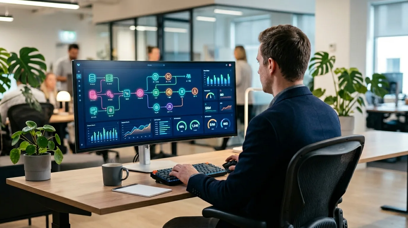 IT-Fachkraft analysiert KI-Automatisierungs-Dashboard mit Workflow-Diagrammen auf Ultrawide-Monitor in Diekholzen