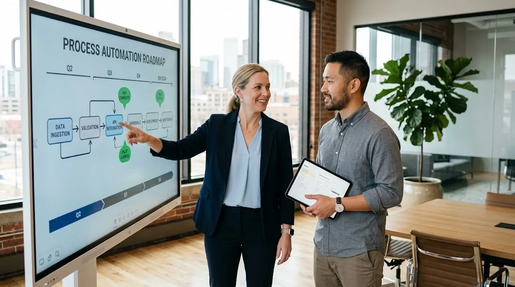Team-Meeting an digitalem Whiteboard mit Automatisierungs-Roadmap — strategische Planung der KI-Einführung