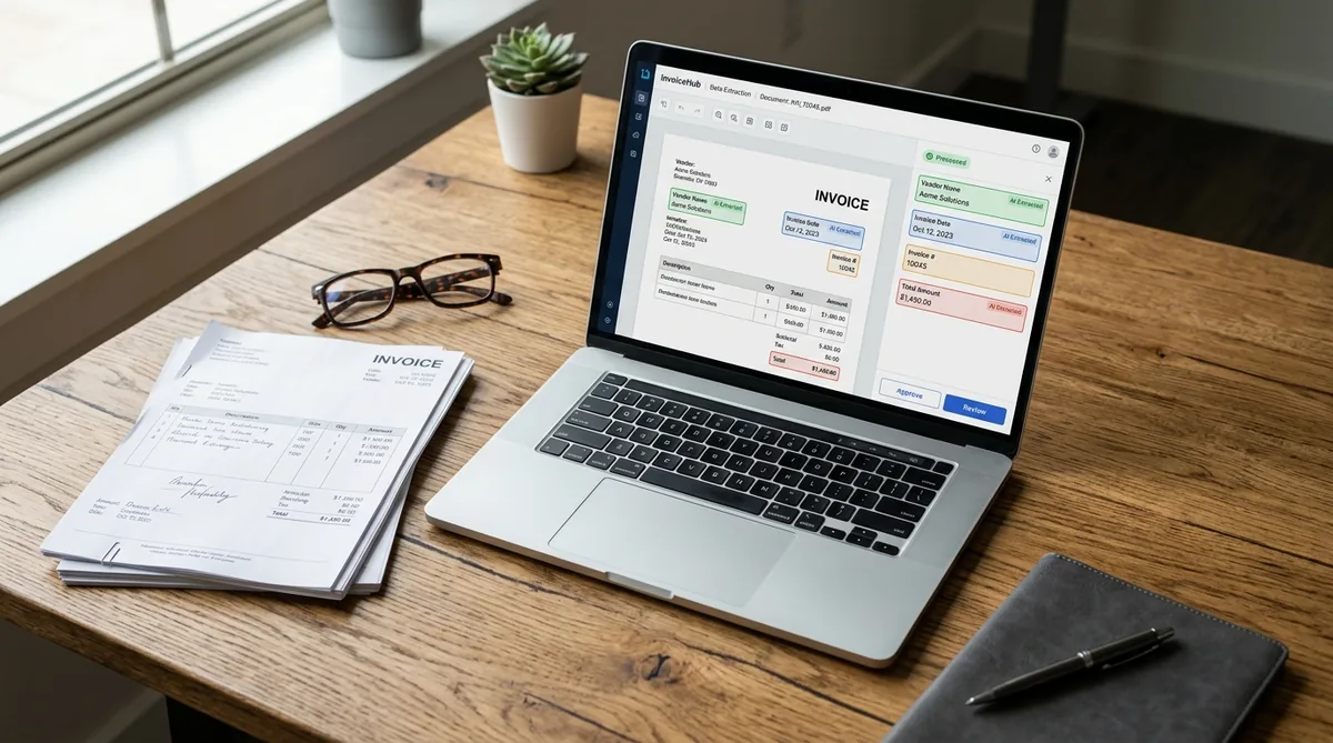 Laptop mit KI-gestützter Dokumentenanalyse — automatische Erkennung von Rechnungsdaten wie Betrag, Datum und Lieferant