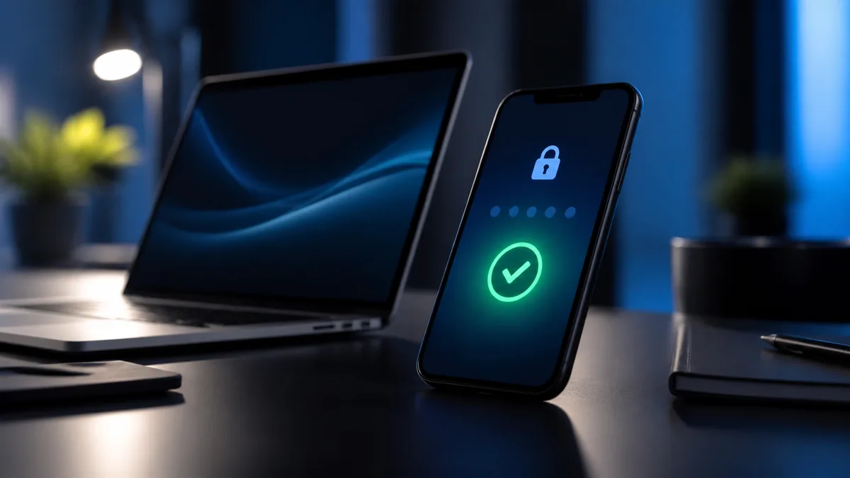 Zwei-Faktor-Authentifizierung: Smartphone mit Authenticator-App neben einem Laptop-Login-Screen