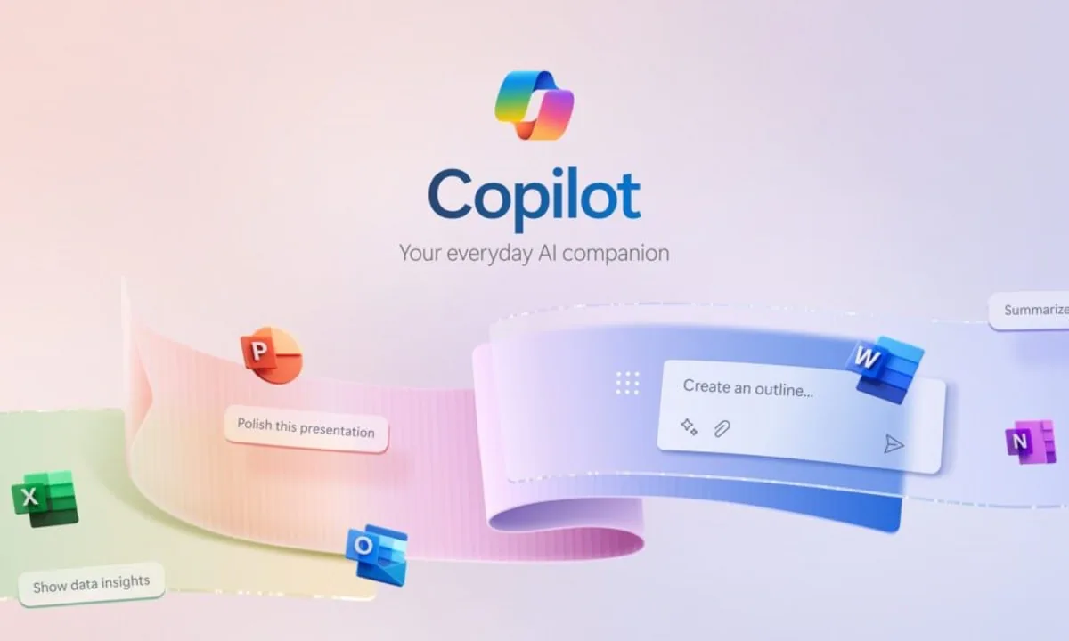 Microsoft Copilot Logo mit Office-Apps Word, Excel, PowerPoint, Outlook – KI-Assistent für Microsoft 365