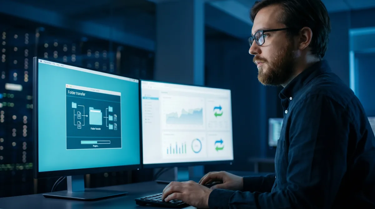 IT-Professional am Dual-Monitor-Arbeitsplatz waehrend einer Microsoft-365-Migration mit Datei-Transfer und Admin-Dashboard