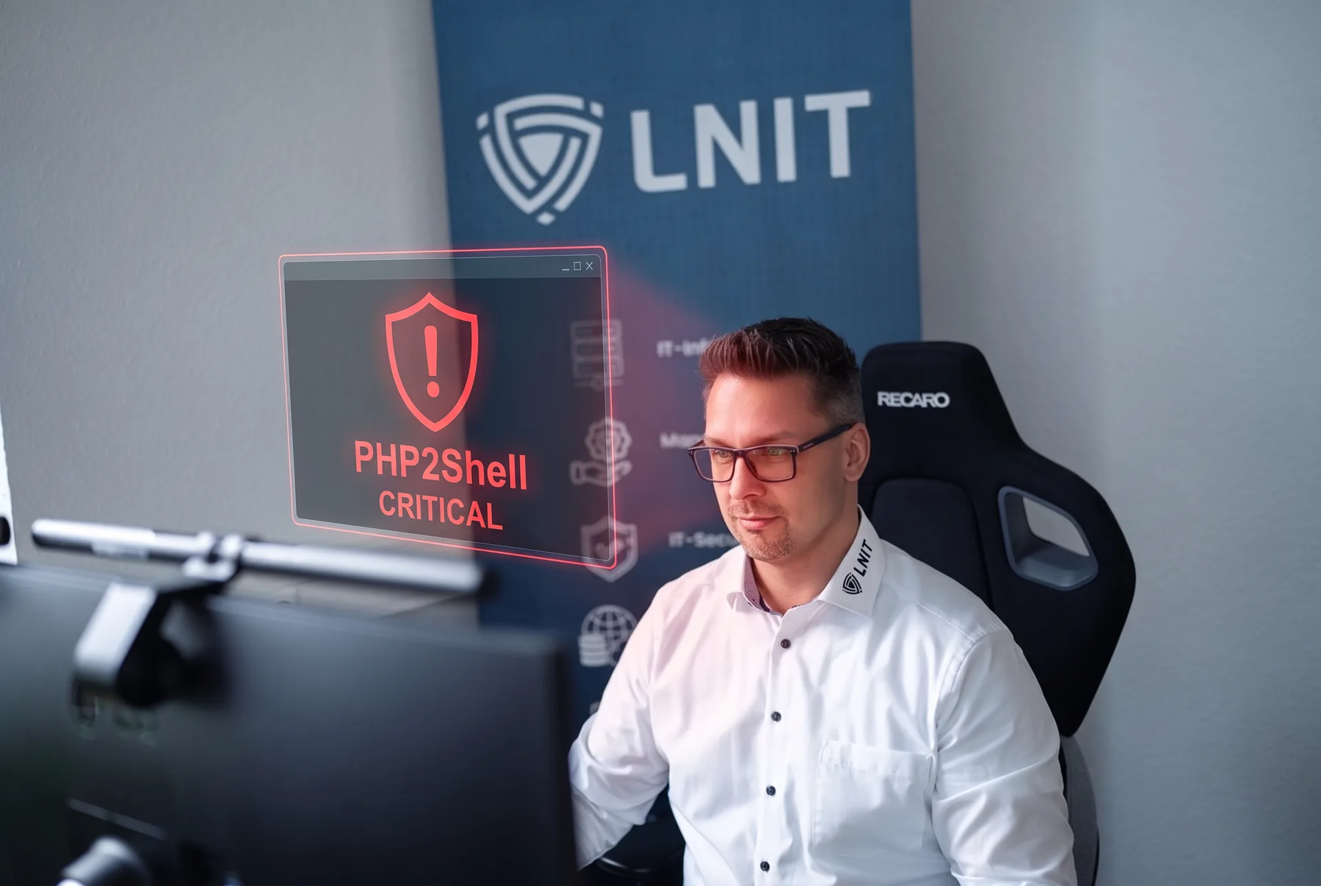 Lars Neumann von LNIT am Arbeitsplatz in Diekholzen bei Hildesheim, daneben ein rotes Warnfenster „PHP2Shell – CRITICAL“ zur PHP-Sicherheitslücke
