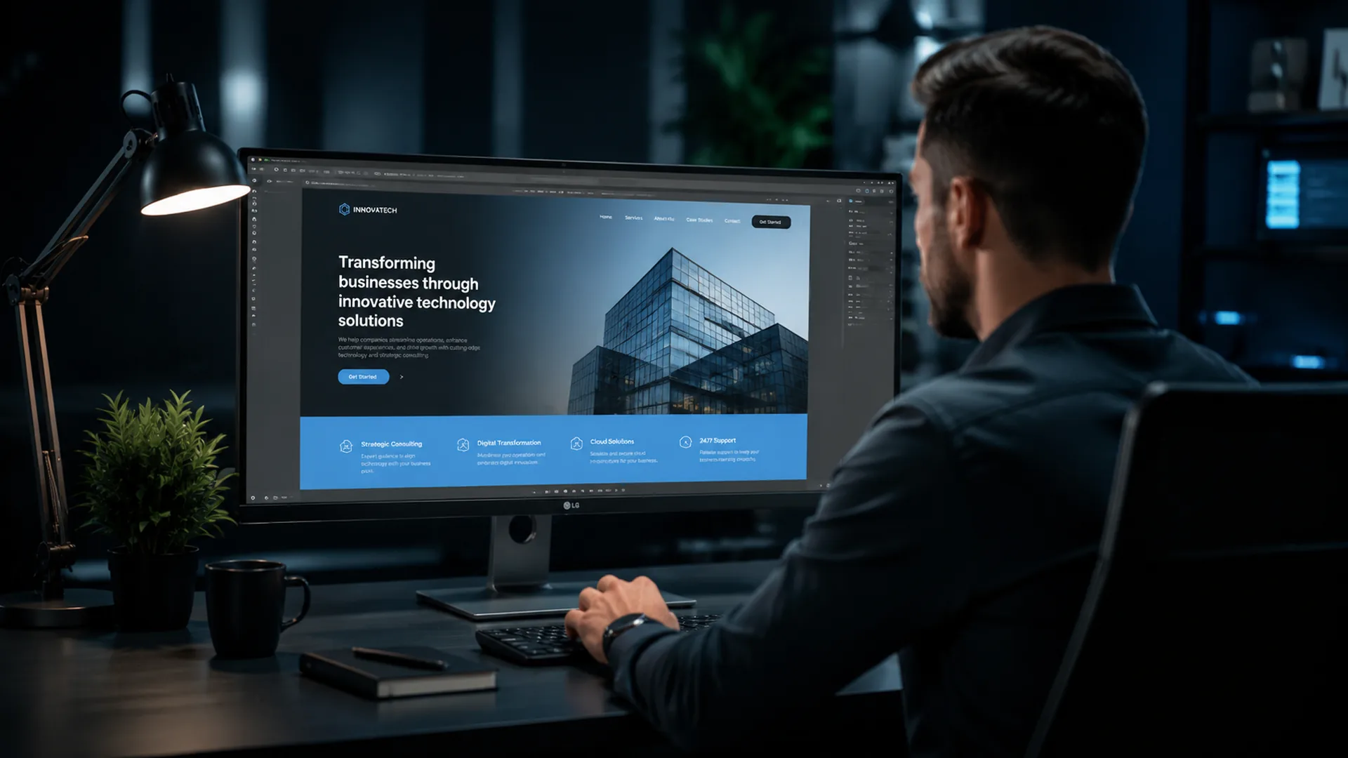 IT-Fachkraft arbeitet an einer modernen Unternehmenswebsite auf einem Ultrawide-Monitor in einem professionellen Büro in Hildesheim