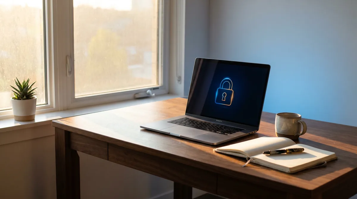 Sauberer Home-Office-Arbeitsplatz mit Laptop, der ein Schloss-Icon für aktive VPN-Verbindung zeigt – sicheres Remote-Arbeiten für KMU