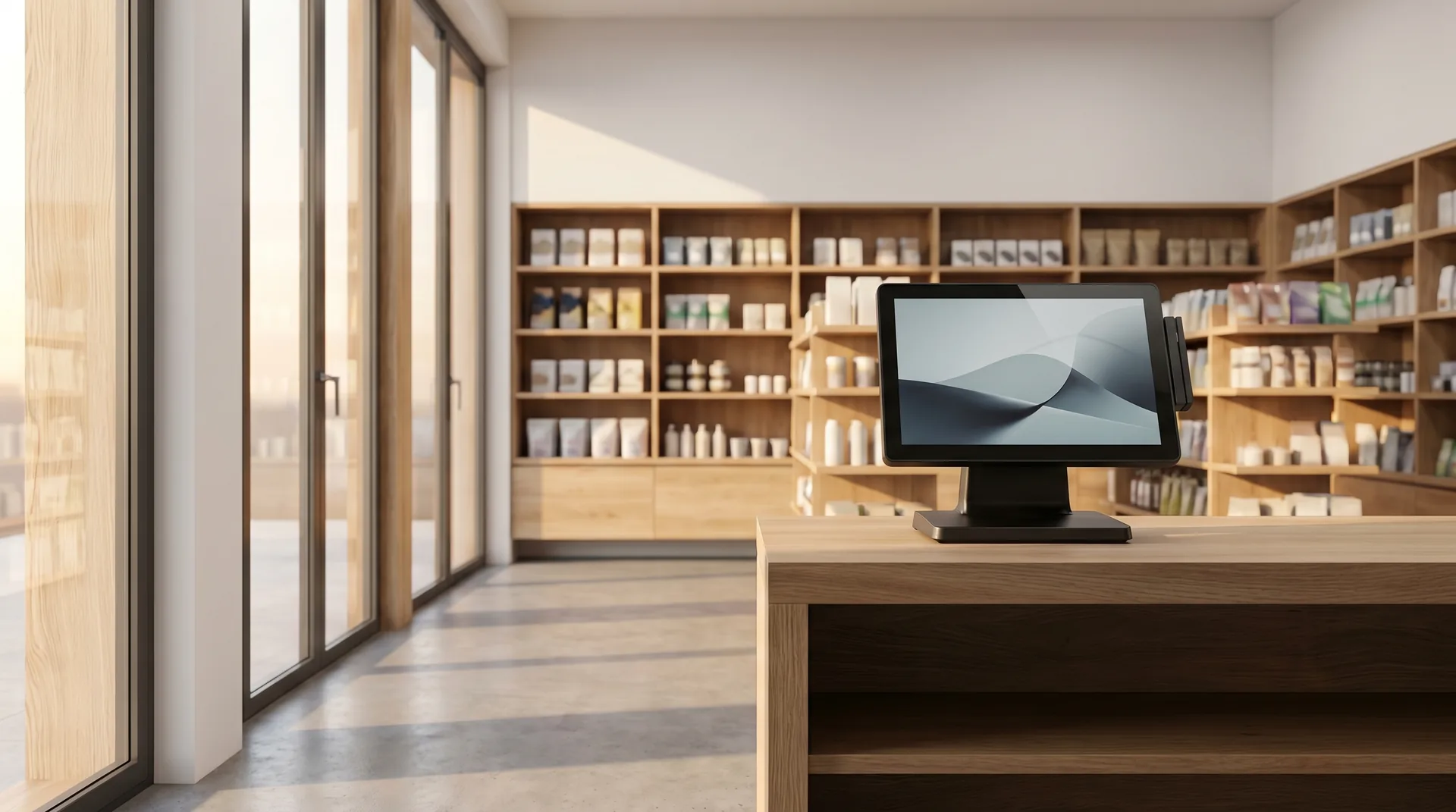 Mitarbeiterin am modernen Kassensystem im Einzelhandelsgeschäft — IT-Betreuung für Handel und Filialen aus Hildesheim