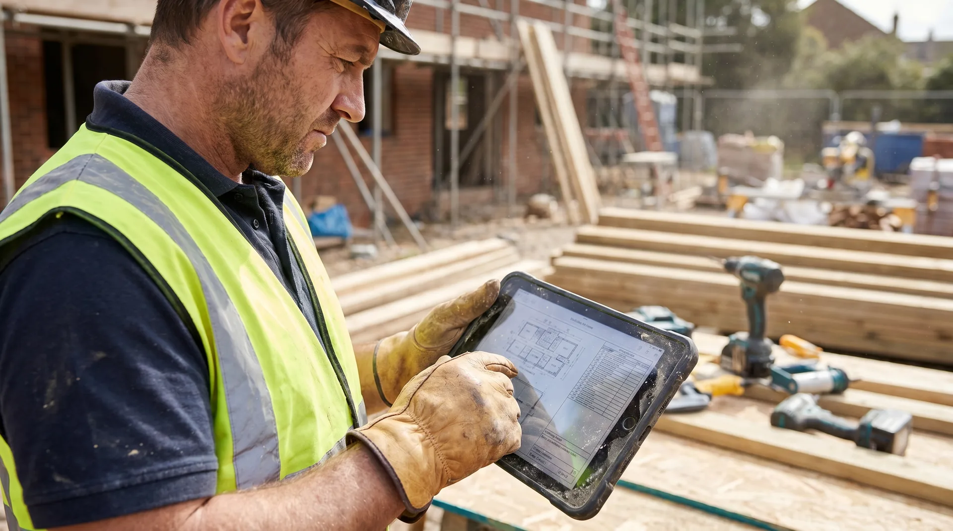 Handwerker mit Bauhelm dokumentiert Auftrag am Tablet auf der Baustelle — IT-Betreuung für Handwerksbetriebe aus Hildesheim