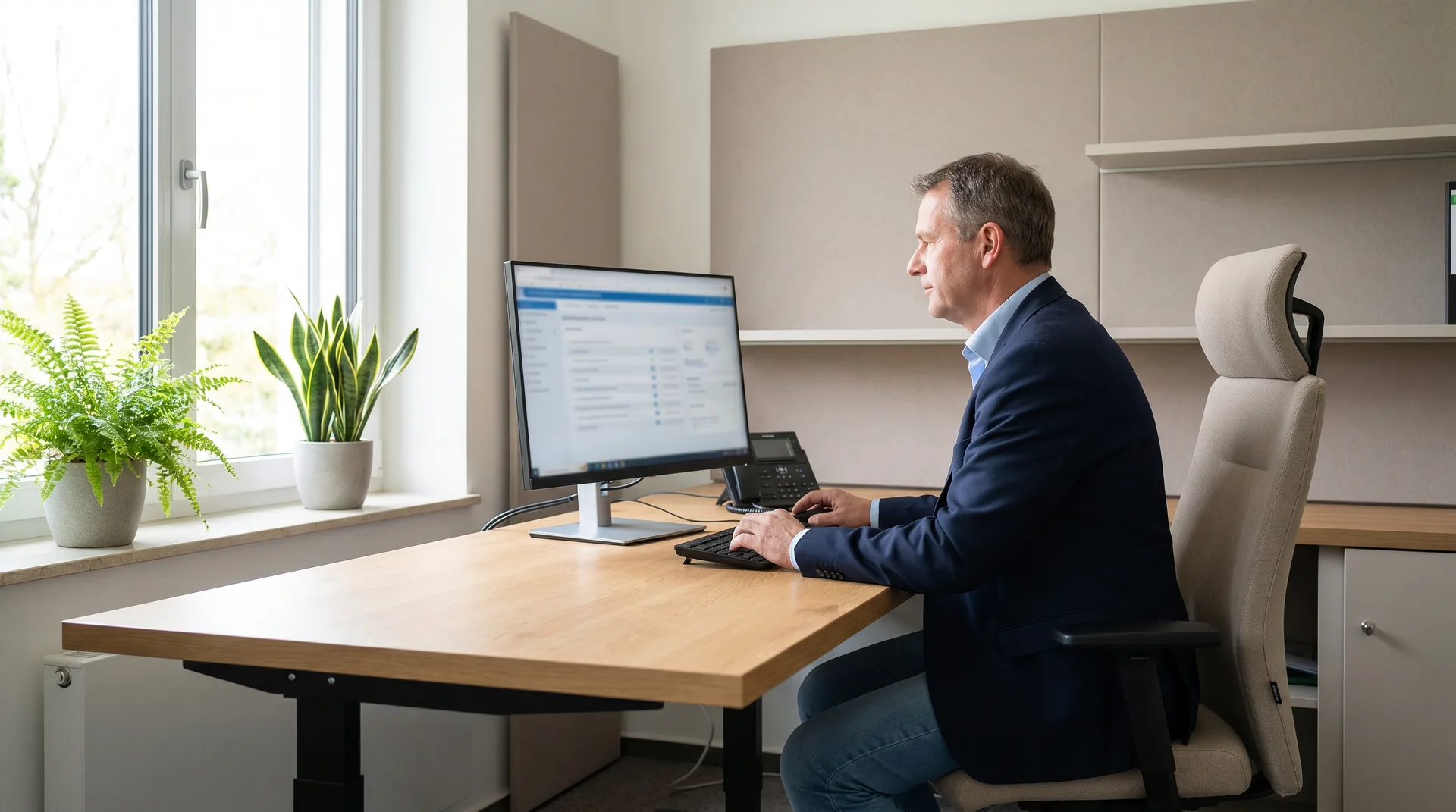 Verwaltungsmitarbeiter arbeitet konzentriert am Arbeitsplatz in der Kommunalverwaltung — BSI-konforme IT-Betreuung für Öffentliche Hand aus Niedersachsen