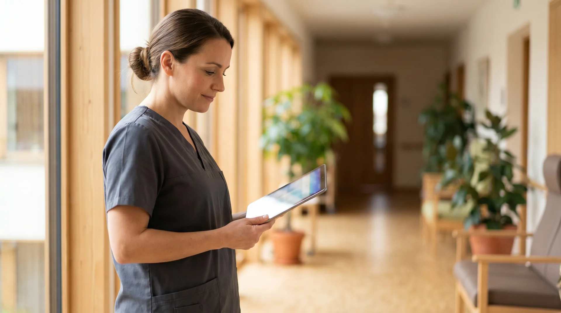 Pflegekraft dokumentiert digital am Tablet im Pflegealltag — IT-Betreuung für Pflegeeinrichtungen aus Diekholzen