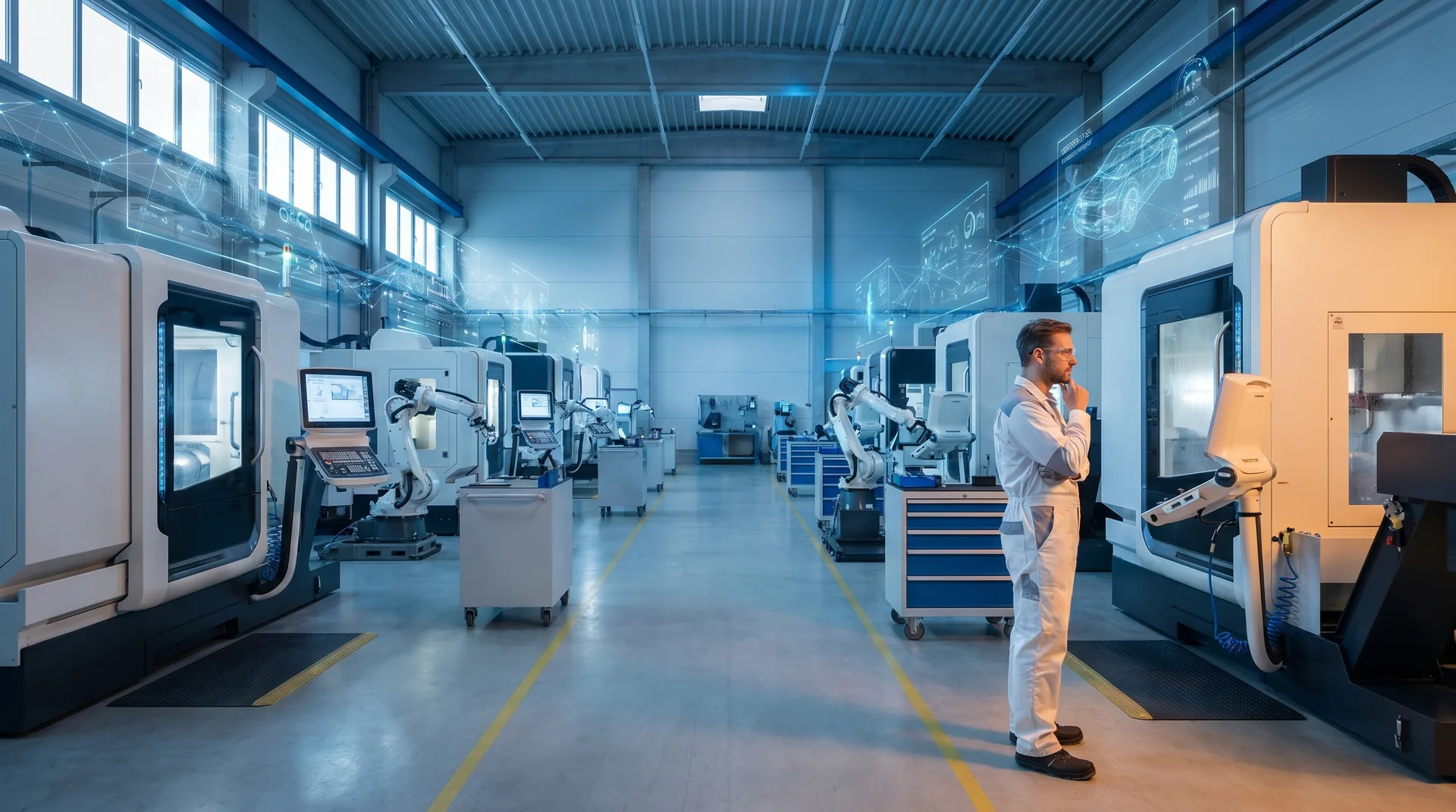 Vernetzte Produktionshalle mit Maschinen und Datenvisualisierung — IT-Betreuung für Fertigungsbetriebe und Industrie 4.0