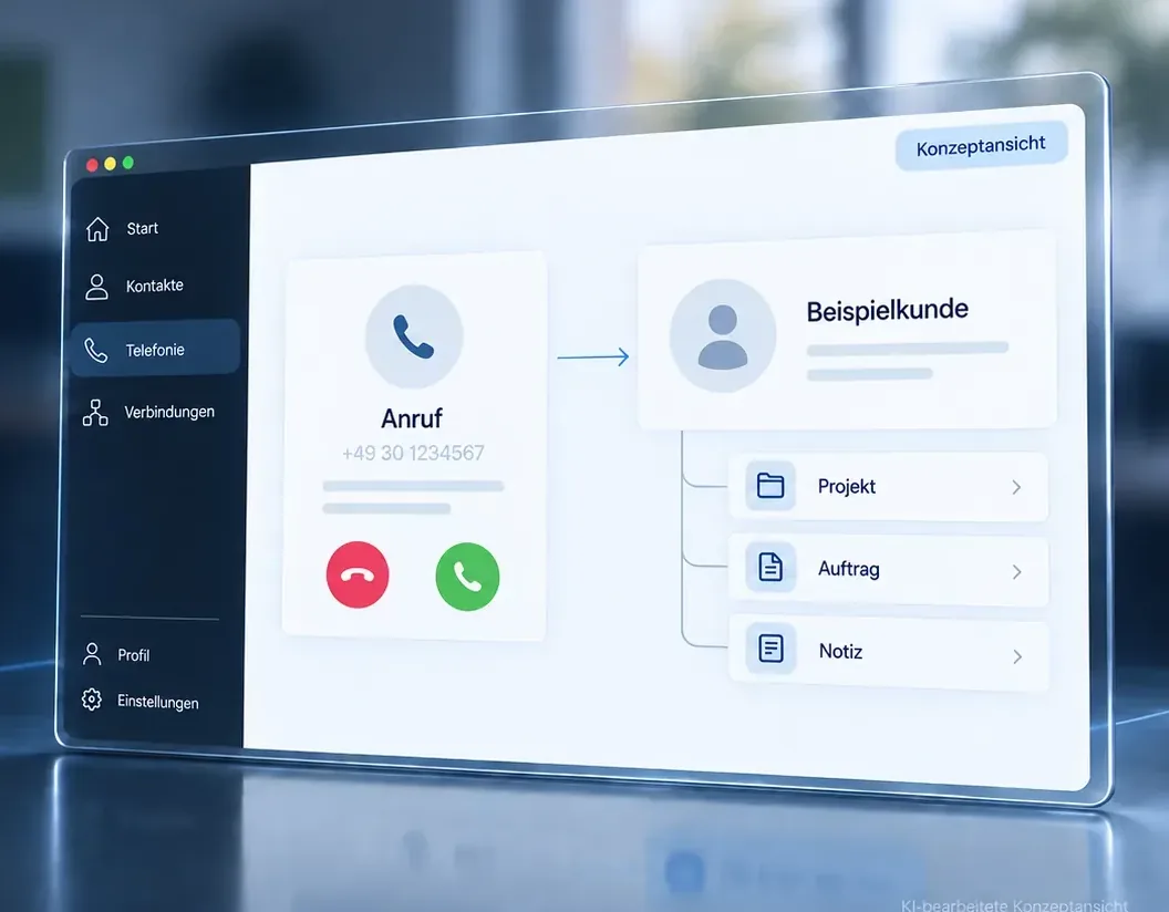 Illustrative LNIT Connect-Konzeptansicht in einem schwebenden Browserfenster vor dem verschwommenen LNIT-Büro in Diekholzen