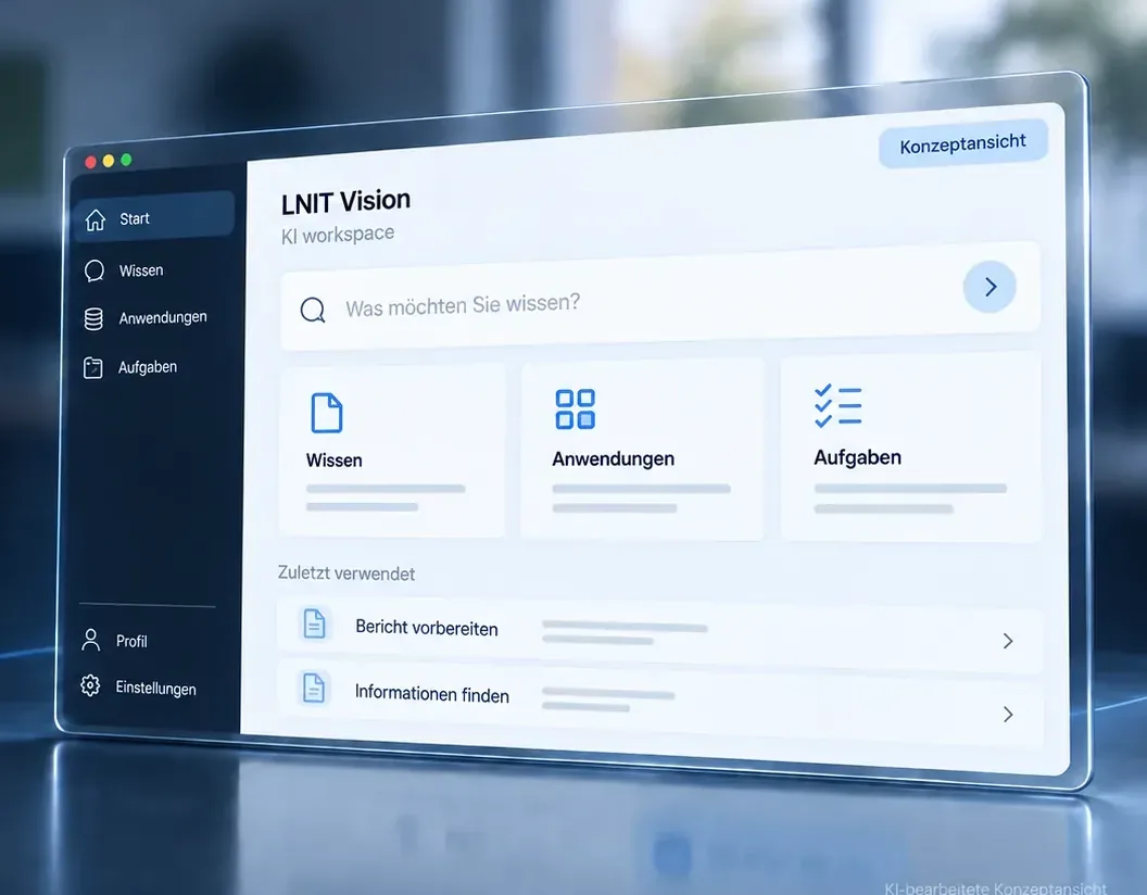 Illustrative LNIT Vision-Konzeptansicht in einem schwebenden Browserfenster vor dem verschwommenen LNIT-Büro in Diekholzen