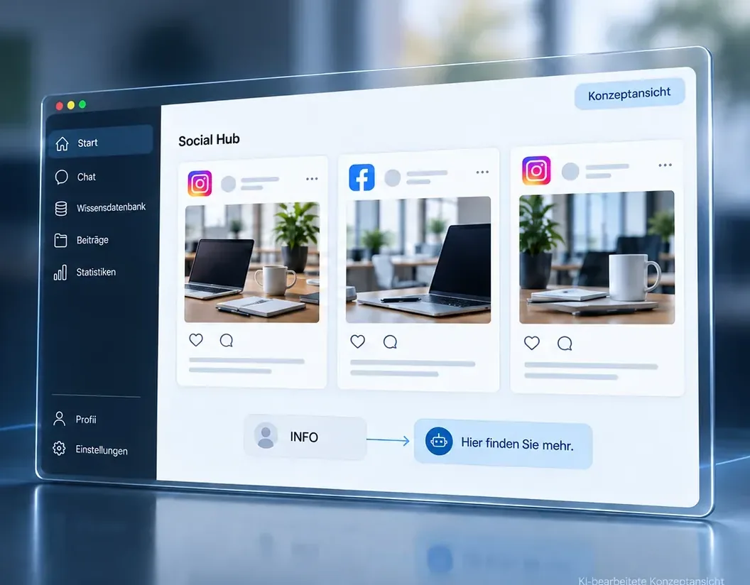 Illustrative Social Hub-Konzeptansicht in einem schwebenden Browserfenster vor dem verschwommenen LNIT-Büro in Diekholzen
