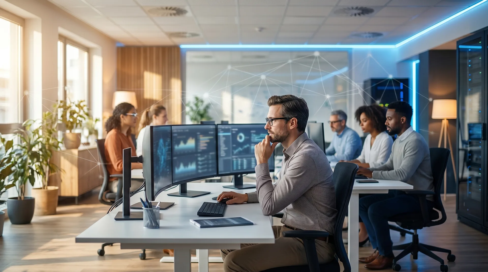 LNIT IT-Team in modernem Hildesheimer Büro mit Monitoren und Dashboards – Übersicht der IT-Services für KMU