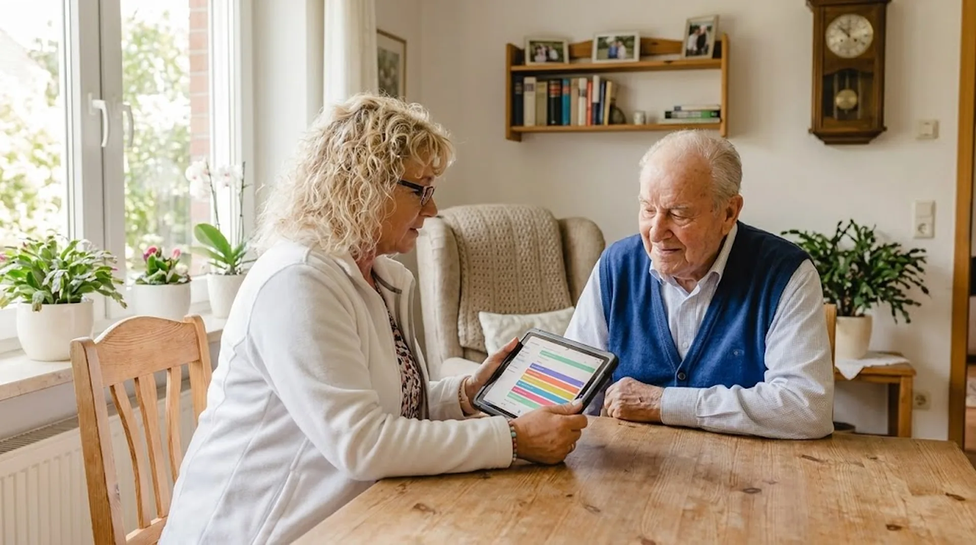 Pflegekraft zeigt Klientin digitale Pflegedokumentation auf Tablet — IT für Pflegedienste in Hildesheim
