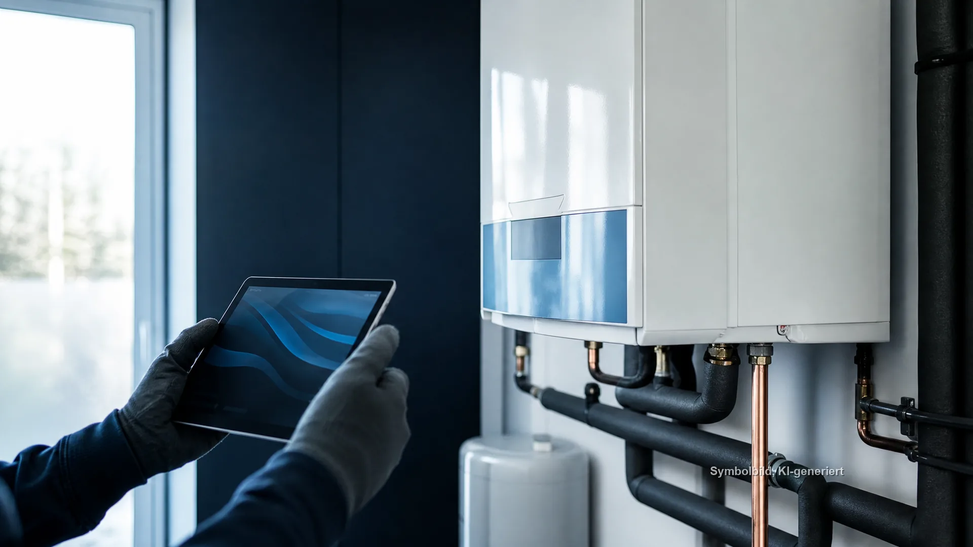 Hände in Arbeitshandschuhen halten ein Tablet vor einer Wärmepumpe mit Kupferleitungen