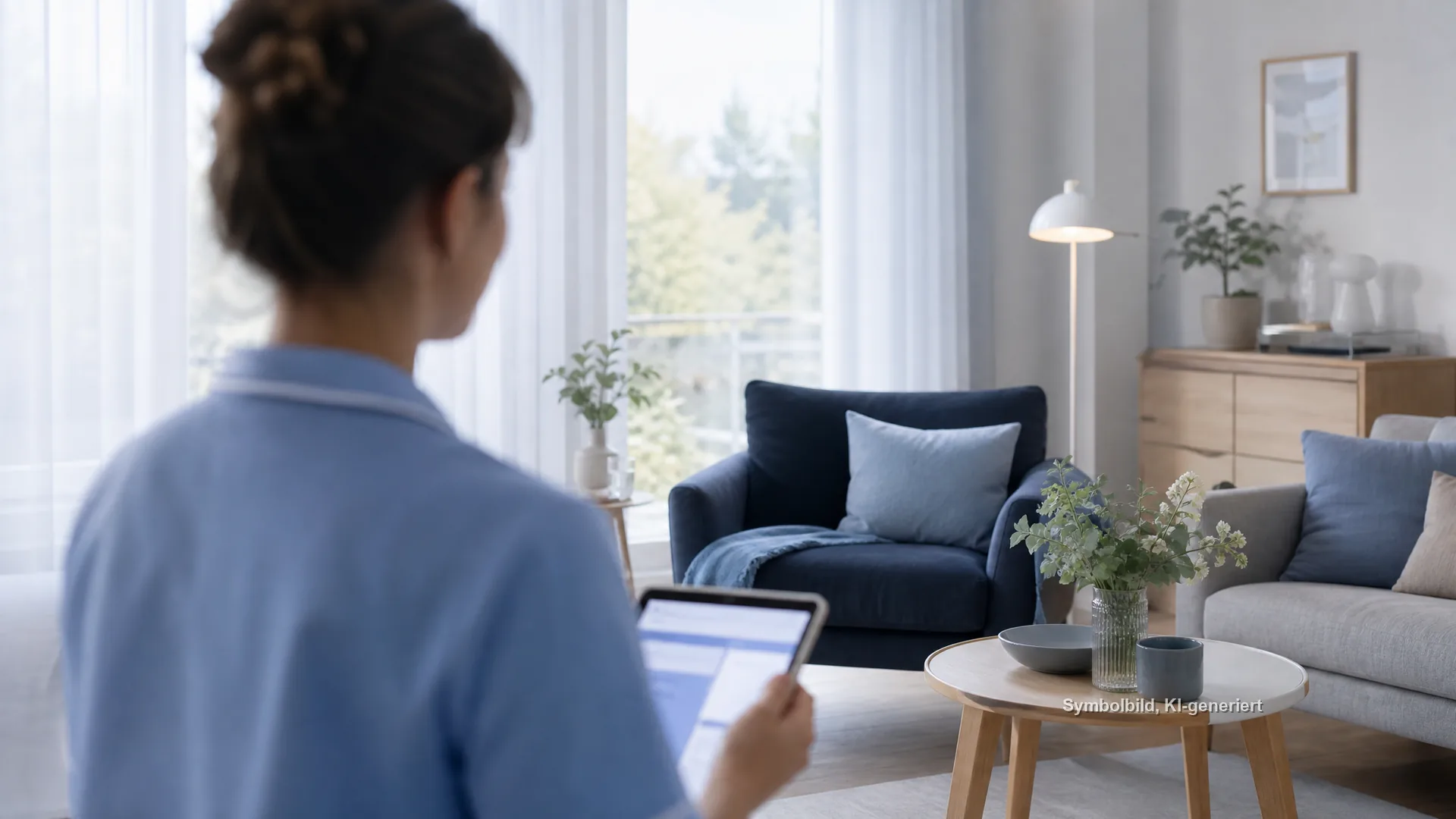 Pflegekraft in blauer Dienstkleidung dokumentiert von hinten gesehen auf einem Tablet in einer hellen Wohnung