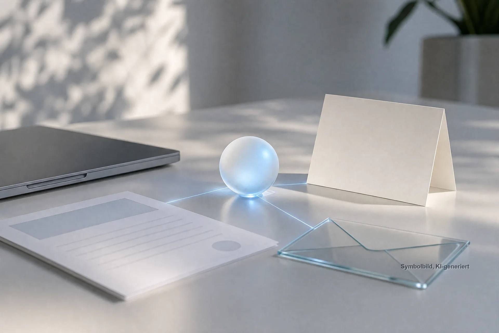 Leuchtende Glaskugel ist mit Dokument, Karte und Briefumschlag durch Lichtlinien verbunden