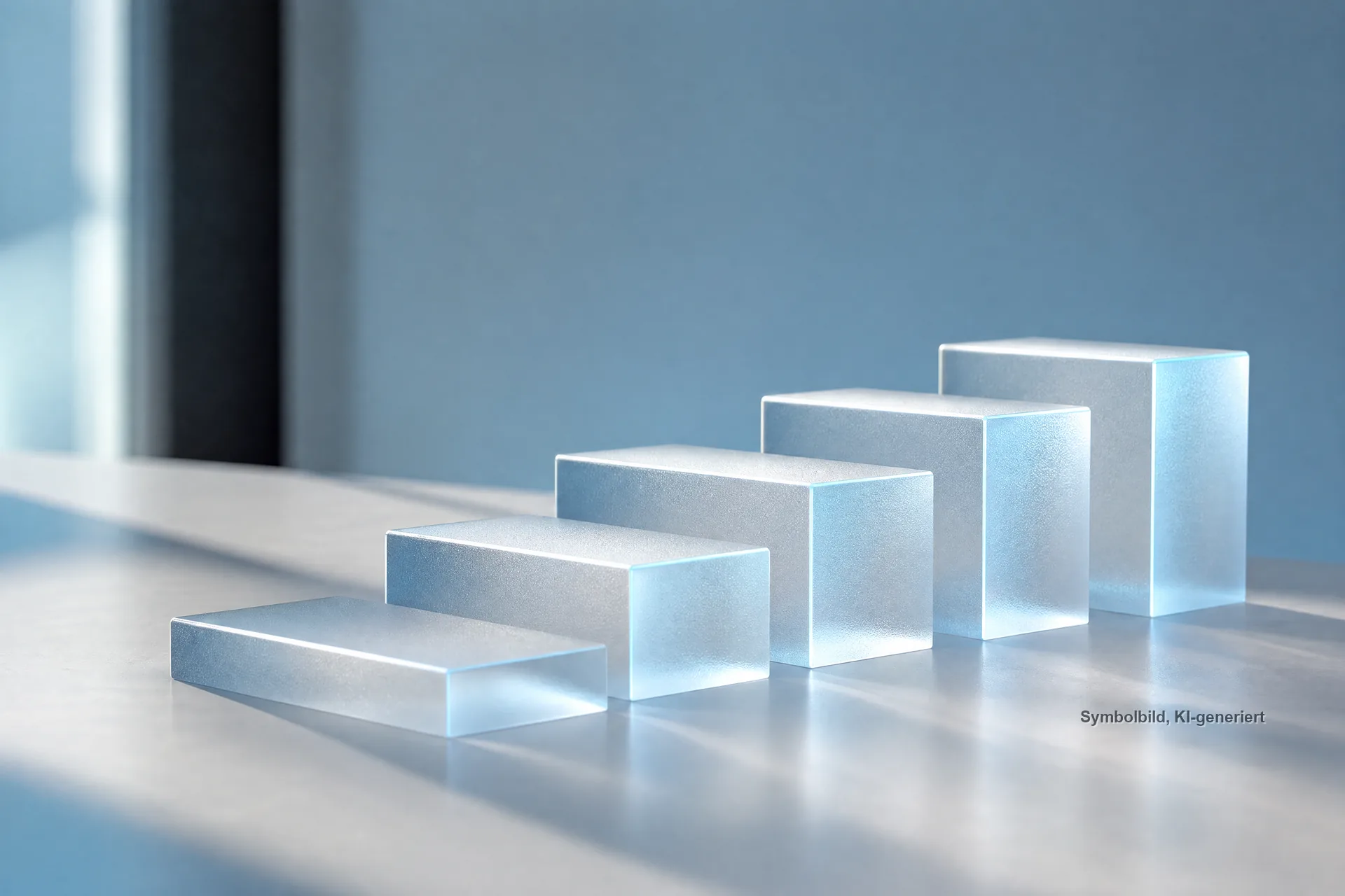 Fünf aufsteigende Stufen aus Glas mit blauen Kanten